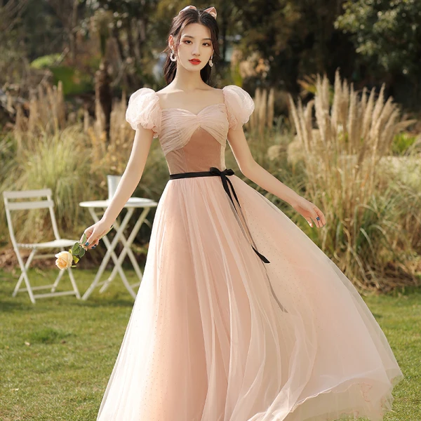 Elegant Pearl Pink Suede Bridesmaid Dresses 2021 A-Line / Princess V-Neck Short Sleeve Backless Floor-Length / Long Wedding Party Dresses
