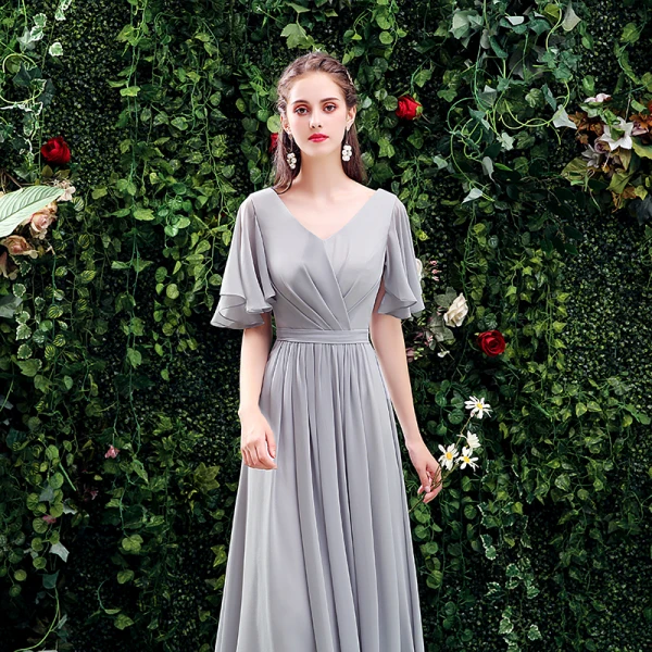 Modest Simple Grey Bridesmaid Dresses 2021 A-Line Princess Off-The-Shoulder Short Sleeve Modest Simple Grey Bridesmaid Dresses 2021 A-Line Princess Off-The-Shoulder Short Sleeve