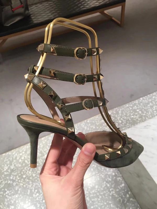 Sexy Black Street Wear Leather Womens Sandals 2020 Rivet 6 cm Stiletto Heels Pointed Toe Sandals
