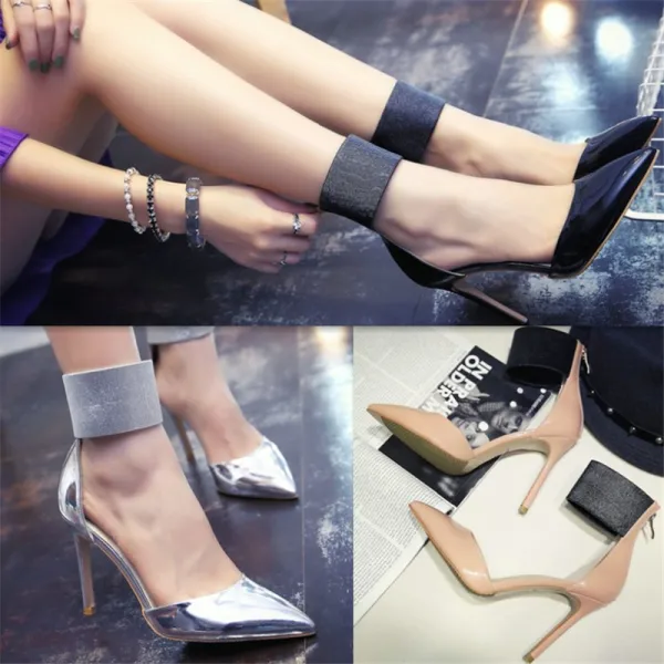 Schöne Silber Abend Leder Damenschuhe 2020 Lackleder 10 cm Stilettos Spitzschuh Hochhackige