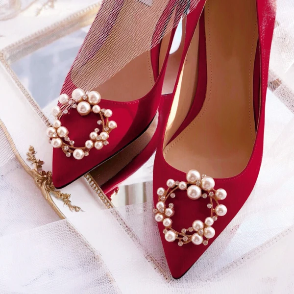 Charming Red Satin Wedding Shoes 2020 Pearl Rhinestone 8 cm Stiletto Heels Pointed Toe Wedding Pumps