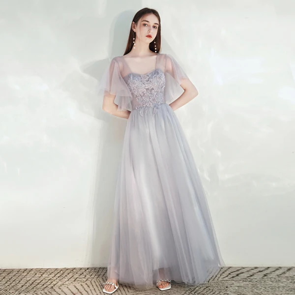 Modest / Simple Grey Bridesmaid Dresses 2021 A-Line / Princess Square Neckline Beading Lace Flower Short Sleeve Backless Floor-Length / Long Wedding Party Dresses