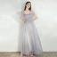 Modest / Simple Grey Bridesmaid Dresses 2021 A-Line / Princess Square Neckline Beading Lace Flower Short Sleeve Backless Floor-Length / Long Wedding Party Dresses