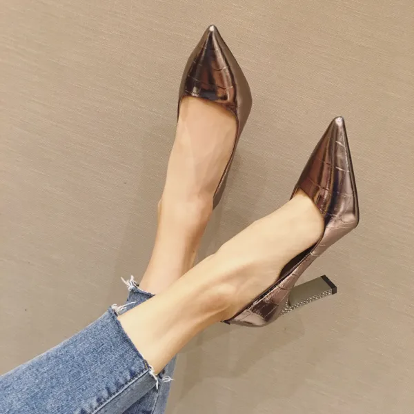 Silber Strassenmode Leder Herbst Frühling Sommer Thick Heels 8 cm Pumps 8 cm / 3 inch Spitzschuh 2020 Edles Pumps