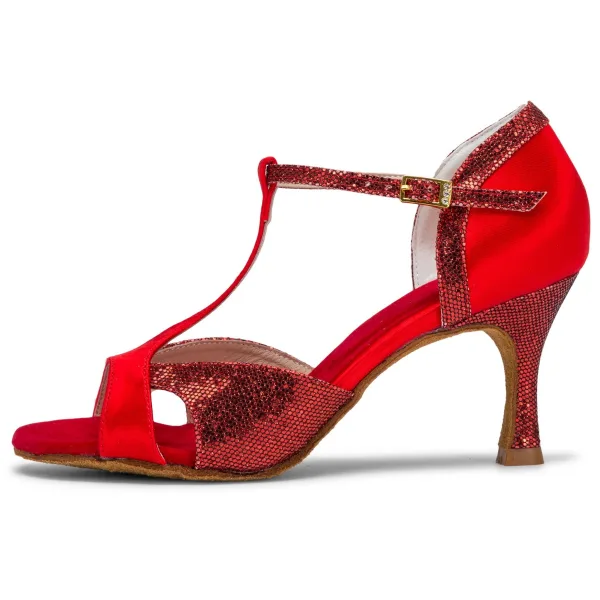 Vintage / Retro Red Prom Latin Dance Shoes 2021 7 cm Stiletto Heels T-Strap Open / Peep Toe Womens Sandals High Heels