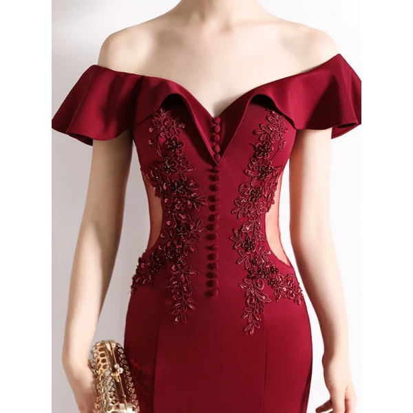 Chic / Beautiful Burgundy Evening Dresses 2020 Trumpet / Mermaid Off-The-Shoulder Beading Lace Flower Short Sleeve Backless Floor-Length / Long Formal Dresses