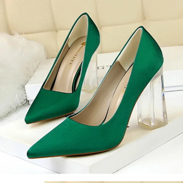 Chic / Beautiful Red Casual Satin Pumps 2020 10 cm Crystal Thick Heels Pointed Toe Pumps