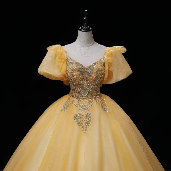 Elegant Champagne Beading Pearl Sequins Prom Dresses 2022 Ball Gown Scoop Neck Short Sleeve Backless Floor-Length / Long Formal Dresses