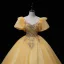 Elegant Champagne Beading Pearl Sequins Prom Dresses 2022 Ball Gown Scoop Neck Short Sleeve Backless Floor-Length / Long Formal Dresses