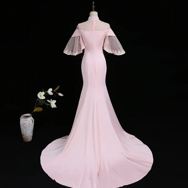 Vintage / Originale Rose Bonbon Transparentes Robe De Soirée 2018 Trompette / Sirène Col Haut 3/4 Manches Perlage Tribunal Train Volants Dos Nu Robe De Ceremonie