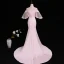 Vintage / Originale Rose Bonbon Transparentes Robe De Soirée 2018 Trompette / Sirène Col Haut 3/4 Manches Perlage Tribunal Train Volants Dos Nu Robe De Ceremonie