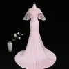 Vintage Candy Pink See-through Evening Dresses  2018 Trumpet / Mermaid High Neck 3/4 Sleeve Beading Court Train Ruffle Backless Formal Dresses