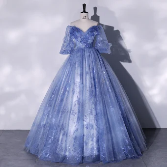 Chic Belle Océan Bleu Appliques Paillettes Robe De Bal 2022 Robe Boule De L Épaule Manches Courtes Dos Nu Longue Robe De Ceremonie