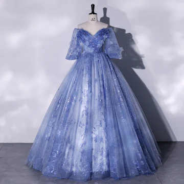 Chic Beautiful Ocean Blue Appliques Sequins Prom Dresses 2022 Ball Gown Off The Shoulder Short Sleeve Backless Floor Length Long Formal Dresses