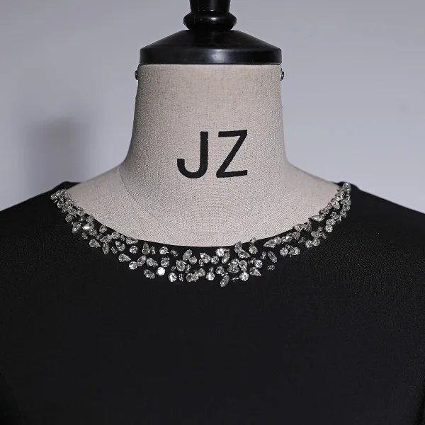 Elegant Black Rhinestone Prom Dresses 2023 A-Line / Princess Scoop Neck Short Sleeve Floor-Length / Long Prom Formal Dresses