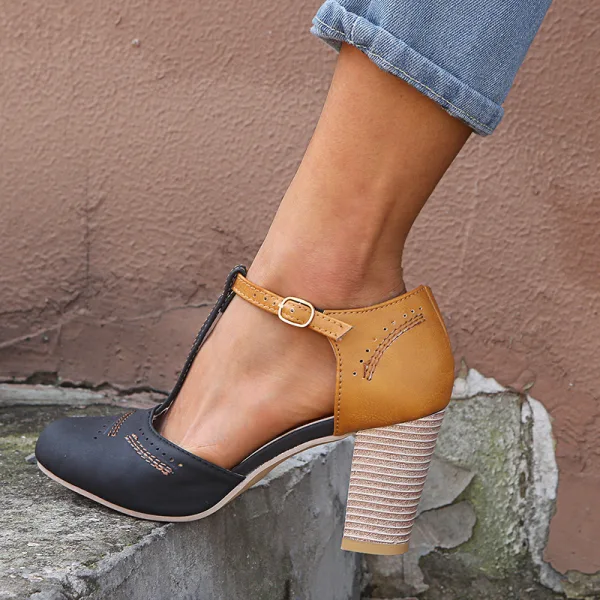 Roman Black Street Wear Womens Sandals 2020 T-Strap 8 cm Thick Heels Round Toe Sandals