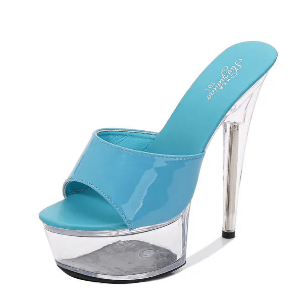 Sexy Black Rave Club Womens Sandals 2020 Patent Leather 15 cm Stiletto Heels Open / Peep Toe Sandals