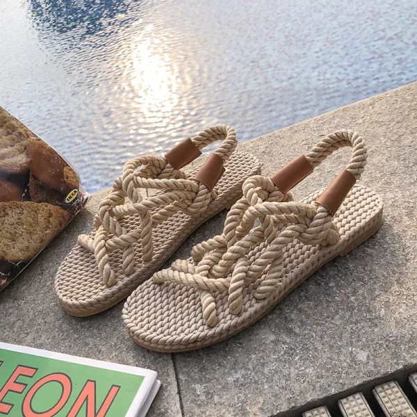 Romain Beige Plage Tresser Plate Chaussures Femmes 2020 Peep Toes / Bout Ouvert Plat Pantoufle & Tongs