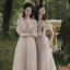 Modest / Simple Blushing Pink Bridesmaid Dresses 2021 A-Line / Princess Scoop Neck Short Sleeve Backless Floor-Length / Long Wedding Party Dresses
