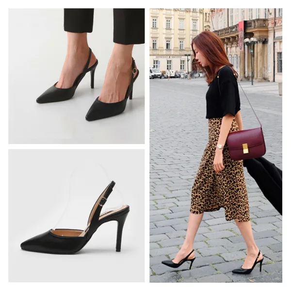 Simple Bureau OL Noire Slingbacks Sandales Femme 2020 10 cm Talons Aiguilles À Bout Pointu Sandales