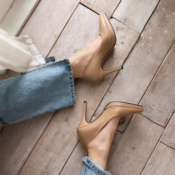 Schlicht Beige Büro OL Pumps 2020 Lackleder 12 cm Stilettos Spitzschuh Pumps