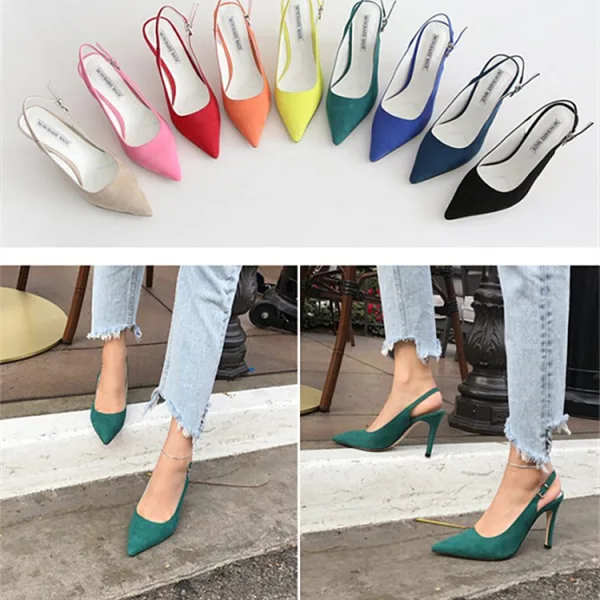 Simple Orange Désinvolte Été Slingbacks Sandales Femme 2020 Daim 10 cm Talons Aiguilles À Bout Pointu Sandales
