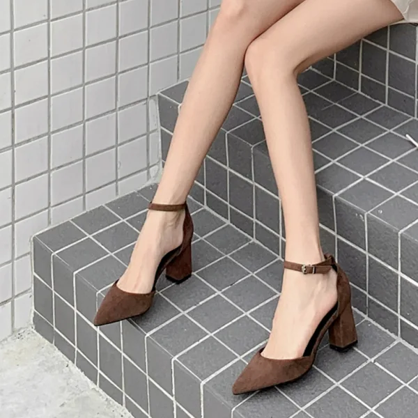 Sexy Brown Summer Street Wear Womens Sandals 2020 Suede Ankle Strap 8 cm Thick Heels Pointed Toe Sandals