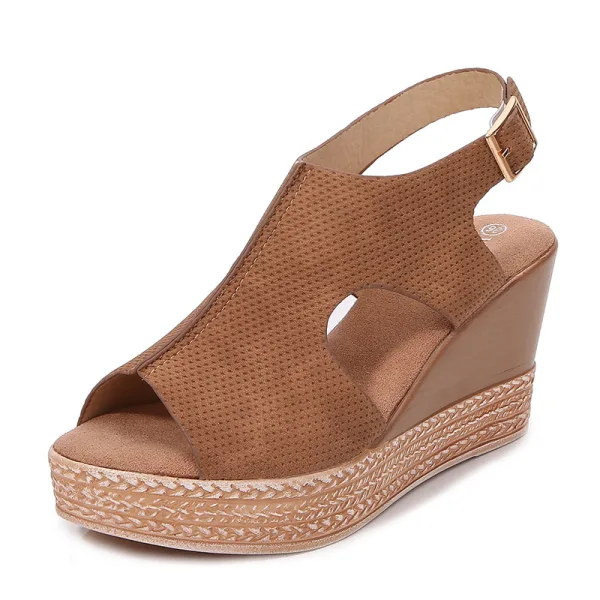 Proste / Simple Brązowy Lato Plaża Sandały Damskie 2020 8 cm Na Koturnie Peep Toe Sandały