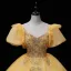 Elegant Champagne Beading Pearl Sequins Prom Dresses 2022 Ball Gown Scoop Neck Short Sleeve Backless Floor-Length / Long Formal Dresses