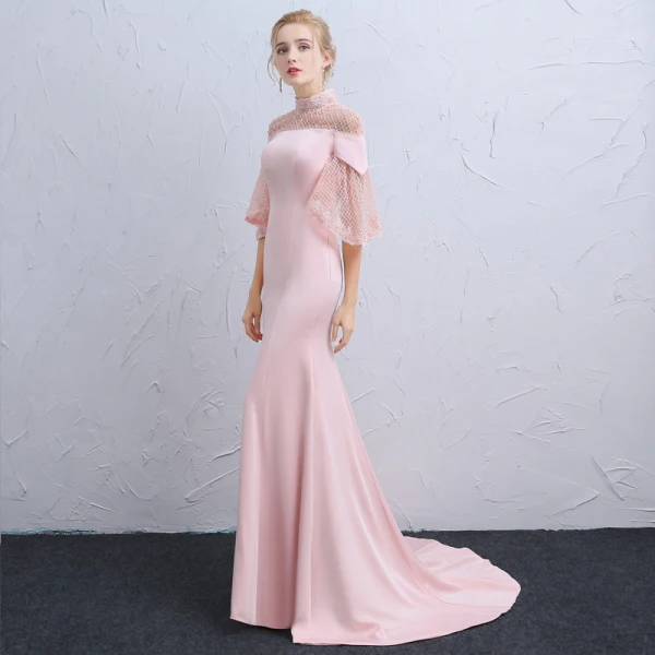 Vintage / Originale Rose Bonbon Transparentes Robe De Soirée 2018 Trompette / Sirène Col Haut 3/4 Manches Perlage Tribunal Train Volants Dos Nu Robe De Ceremonie