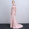 Vintage Candy Pink See-through Evening Dresses  2018 Trumpet / Mermaid High Neck 3/4 Sleeve Beading Court Train Ruffle Backless Formal Dresses