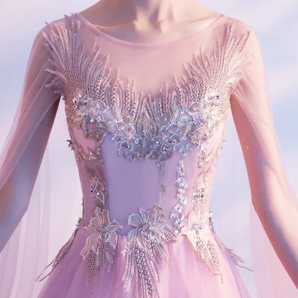 Elegante Candy Roze Doorzichtige Avondjurken 2018 A lijn Ronde Hals Mouwloos Appliques Kant Kralen Watteau Train Ruche Ruglooze Gelegenheid Jurken