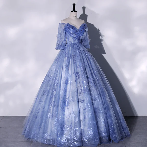 Chic / Beautiful Ocean Blue Appliques Sequins Prom Dresses 2022 Ball Gown Off-The-Shoulder Short Sleeve Backless Floor-Length / Long Formal Dresses