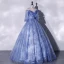 Chic / Beautiful Ocean Blue Appliques Sequins Prom Dresses 2022 Ball Gown Off-The-Shoulder Short Sleeve Backless Floor-Length / Long Formal Dresses