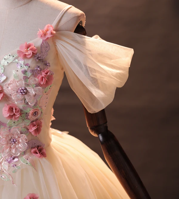 Charming Ball Gown Quinceañera Champagne Flower Prom Dresses 2024 Spaghetti Straps Floor-Length / Long Tulle Formal Dresses