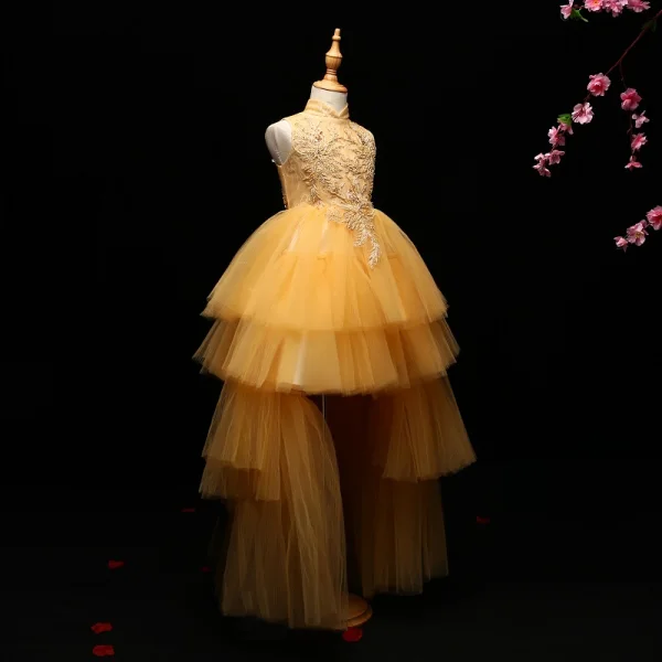 Chic / Beautiful Detachable Flower Girl Dresses 2017 Ball Gown Lace Appliques Crystal High Neck Sleeveless Asymmetrical Wedding Party Dresses