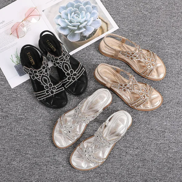 Bohemen Zilveren Zomer Straatkleding Rhinestone Pantoffel & Slippers 2020 Peep Toe Platte Damesschoenen