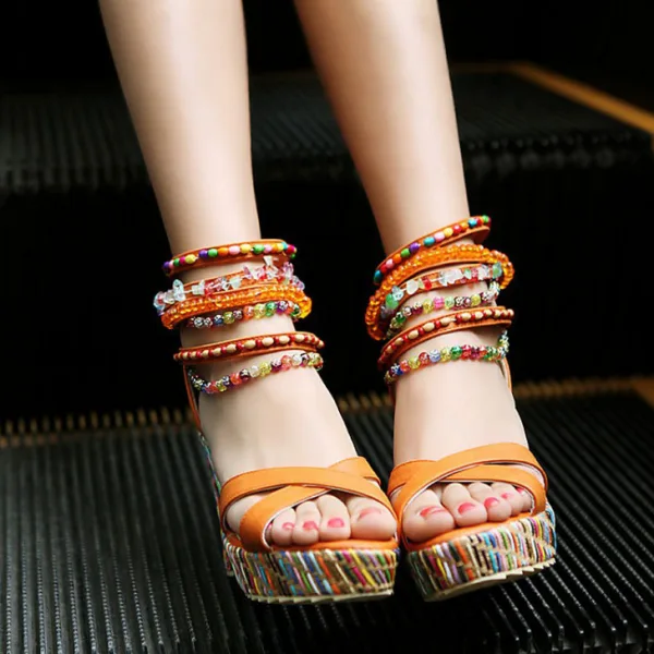 Bohemia Orange Street Wear Summer Womens Sandals 2020 Beading 9 cm Wedges Open / Peep Toe Sandals