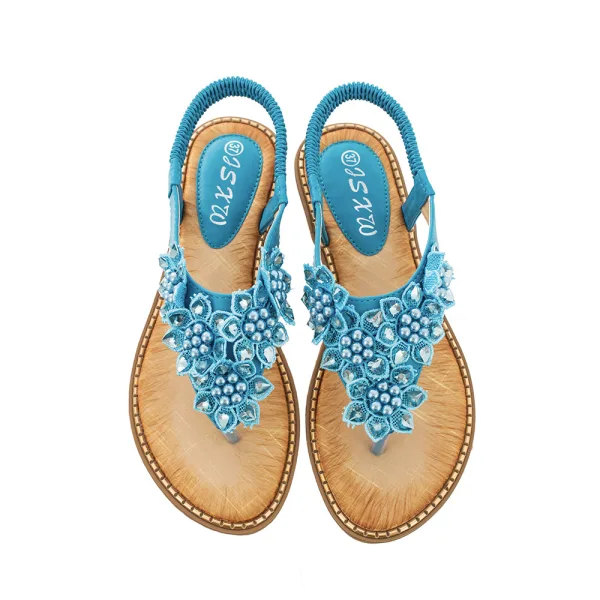 Böhmen Beige Strand Sommer Sandalen Damen 2020 Perle Strass Peeptoes Flache Sandaletten