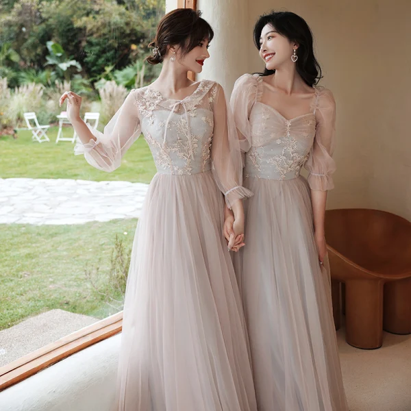 Fashion Blushing Pink Bridesmaid Dresses 2021 A-Line / Princess Scoop Neck Lace Flower Appliques 3/4 Sleeve Backless Floor-Length / Long Wedding Party Dresses