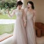 Fashion Blushing Pink Bridesmaid Dresses 2021 A-Line / Princess Scoop Neck Lace Flower Appliques 3/4 Sleeve Backless Floor-Length / Long Wedding Party Dresses
