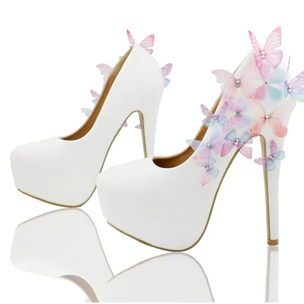 Chic / Beautiful White Wedding Shoes 2018 Leather Butterfly Rhinestone 14 cm Stiletto Heels Round Toe Wedding Pumps