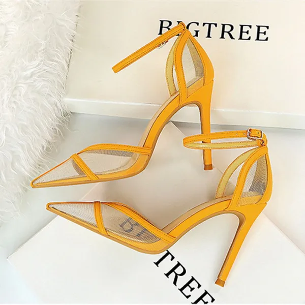 Chic / Beautiful Black Street Wear Pierced Womens Sandals 2020 Ankle Strap 10 cm Stiletto Heels Pointed Toe Sandals