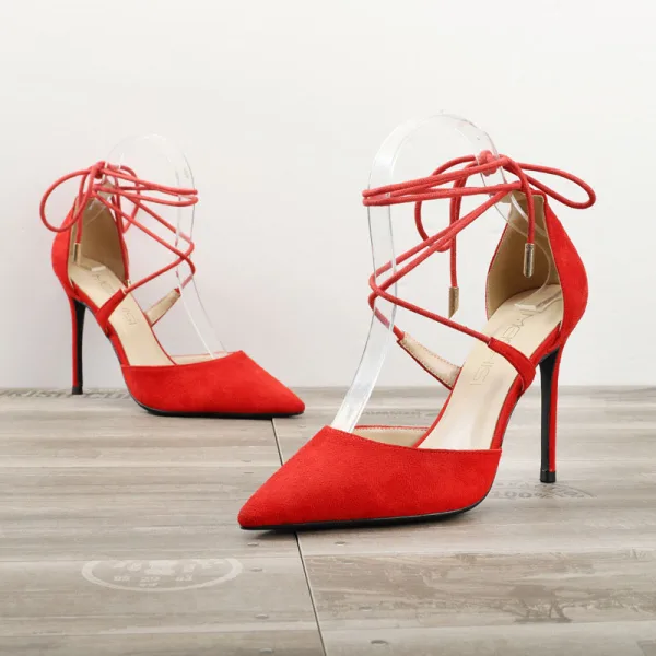 Chic / Beautiful Red Street Wear Suede Womens Sandals 2020 Bow Ankle Strap 10 cm Stiletto Heels Pointed Toe Sandals