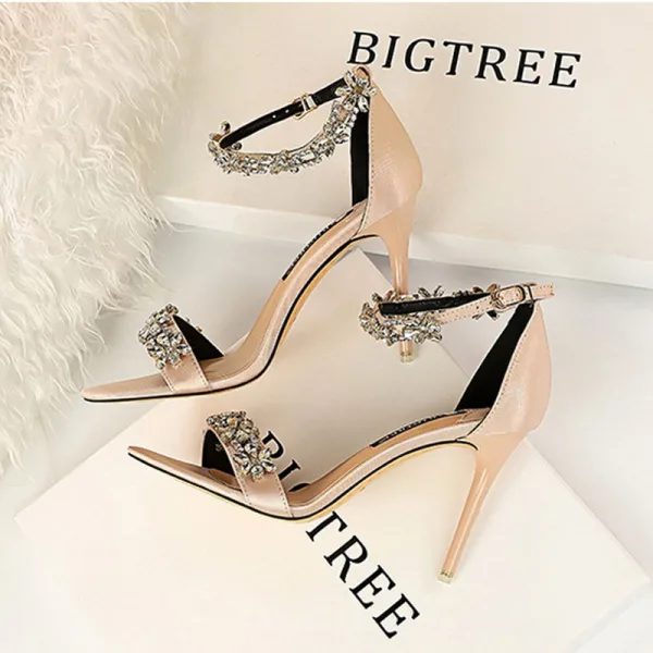 Sexy Dark Green Evening Party Womens Sandals 2020 Rhinestone Ankle Strap 9 cm Stiletto Heels Open / Peep Toe Sandals
