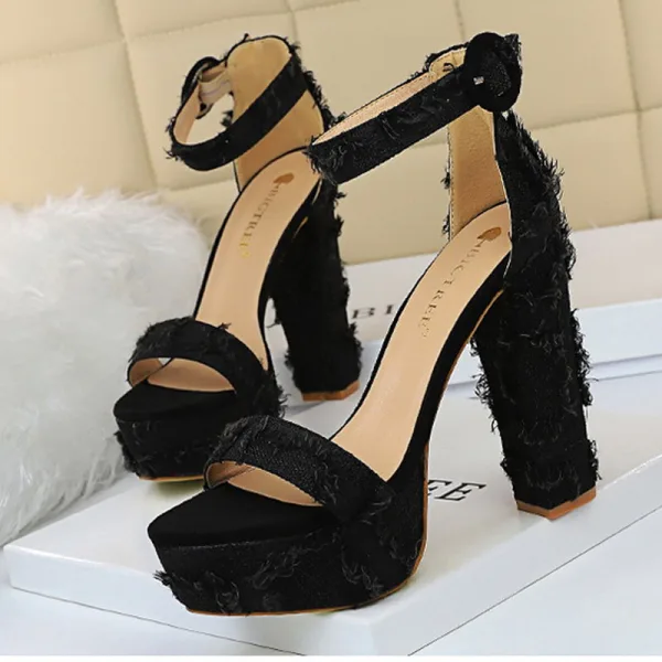 Sexy Schwarz Cocktail Sandalen Damen 2020 Denim Knöchelriemen 13 cm Thick Heels Peeptoes Sandaletten