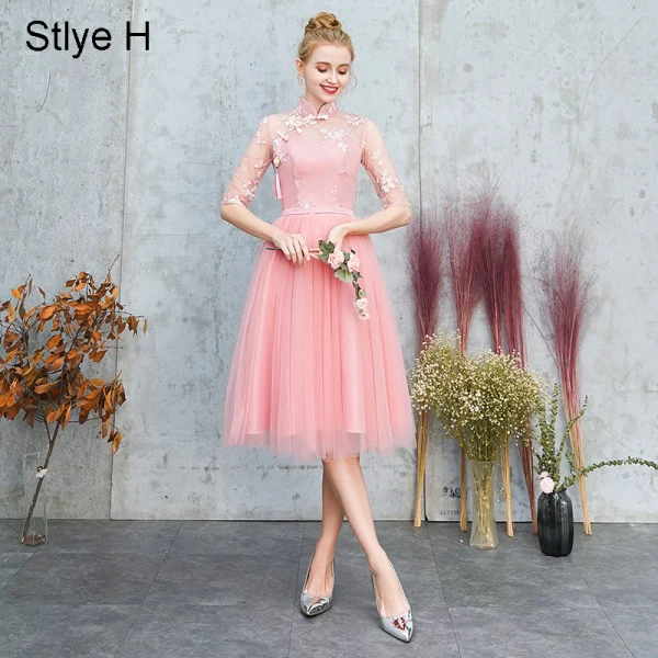 Chinese style Grey Embroidered Bridesmaid Dresses 2021 A-Line / Princess High Neck Short Sleeve Backless Tea-length Bridesmaid Wedding Party Dresses