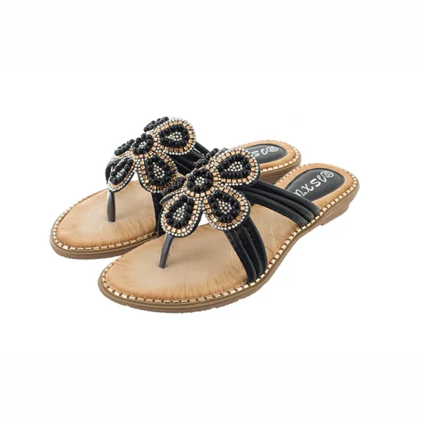 Chic / Beautiful Summer Black Casual Flat Womens Sandals 2020 Pearl Rhinestone Open / Peep Toe Sandals