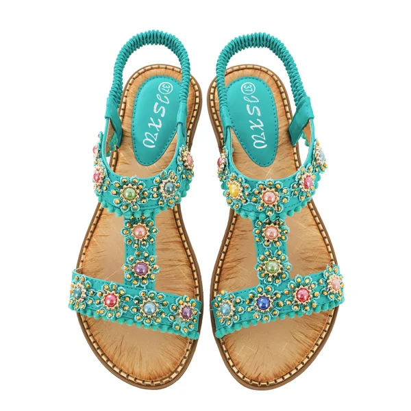 Böhmen Sommer Rosa Strand Sandalen Damen 2020 Perle Strass Peeptoes Flache Sandaletten