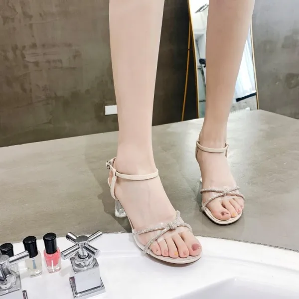 Charming Burgundy Cocktail Party Womens Sandals 2020 Ankle Strap Rhinestone 5 cm Stiletto Heels Open / Peep Toe Sandals